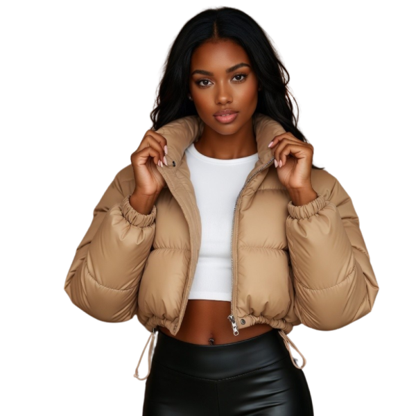 SXY Zip Up Drawstring Crop Puffer Coat
